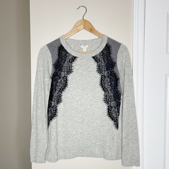 J Crew Grey Crew Neck Sweater with Black Lace Detail - Picture 2 of 7